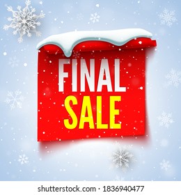 Final sale banner with red ribbon, snow cap and snowflakes. Vector illustration.