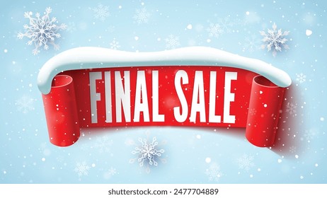 Final sale banner with red ribbon, snow cap and snowflakes. Vector illustration.