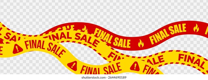 Fitas de banner de venda final em vermelho e amarelo com fogo e ícones de aviso, perfeito para promoções, descontos e publicidade de liberação. Ilustração de vetor.
