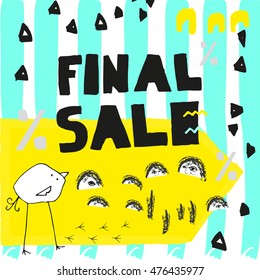 Final sale banner. Square. Memphis style. Vector illustration. Simple form. doodle elements. Bright colours. Stripes. Yellow and turquoise
