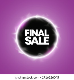 Banner für Endverkauf. Vektorillustration kreisen Black Hole Portal Banner. Flyer-runde Design-Vorlage mit leuchtendem Neonröhrenkreis um den Hintergrund. Flash-Effekt