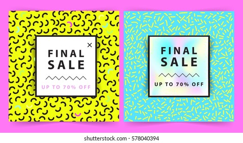 Final sale banners. Square. Memphis style. Vector illustration. Simple form. holographic elements