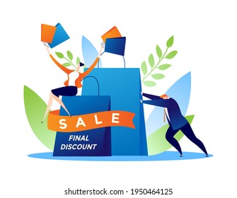 Final sale, buy fashion goods with discount concept, vector illustration. Business promotion poster, special offer for people character design.