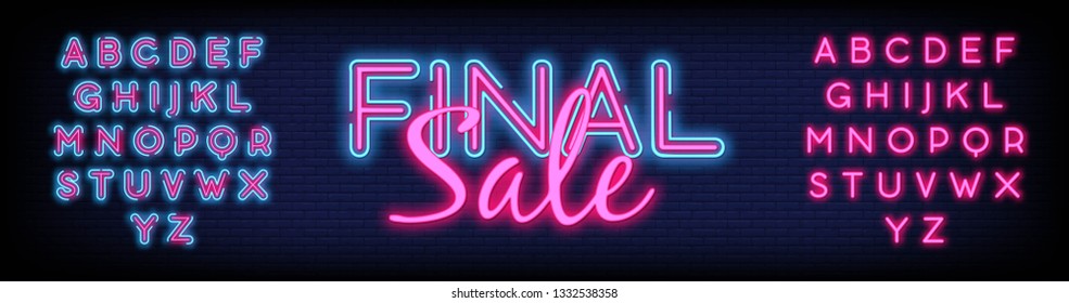 Final Sale concept banner in fashionable neon style with a Brick Wall Background luminous signboard  nightly advertising of sales rebates. Vector illustration. Editing Text Neon Sign