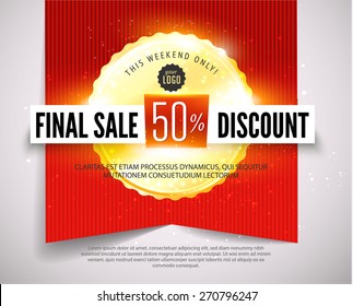 Final sale discount banner with red ribbon and golden medal. Vector illustration