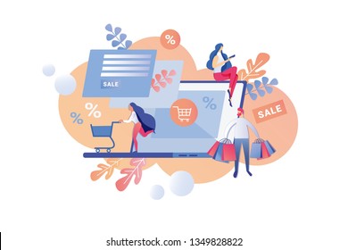 Final Sale and Discount Program in Online Store. Vector Illustration Cartoon Flat. Men and Women Purchases using Special Application on Internet. Laptop Screen Discounts and Sales.