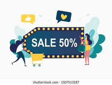  Final sale. Discounts 50 percent. womenl in a dress holding bags -Flat Vector Illustration