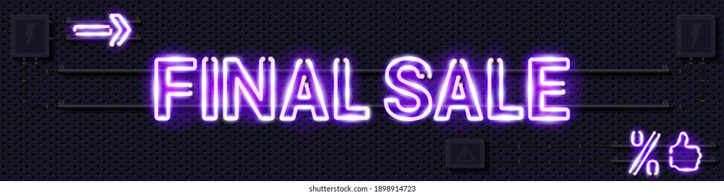 FINAL SALE glowing purple neon lamp sign. Realistic vector illustration. Perforated black metal grill wall with electrical equipment.