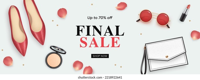 Final sale horizontal banner design template with realistic 3d elegant red shoes, handbag, lipstick, powder and rose petals. Woman accessories and cosmetics composition. Vector illustration