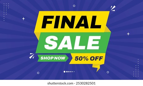 Venda final! Apresse-se para até 50% de desconto - Compre agora! Modelo de banner de venda com formas de elemento em verde, amarelo, branco, roxo gradiente - fundo de venda perfeito para projetos e promoções ofuscantes