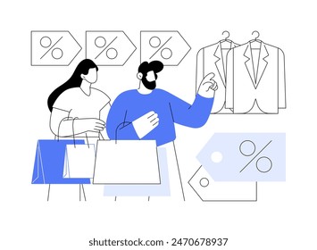 Endverkauf isolierte Cartoon-Vektorillustrationen. Junge Ehepaar mit Päckchen im Einkaufszentrum, großer Rabatttag, smarter Einzelhandel, Kollektion Liquidation, Endverkauf in der Store-Vektorgrafik Cartoon.