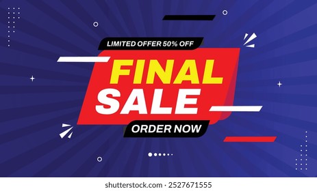 Oferta limitada de venda final 50% fora de ordem agora com elementos de banner atraente, formas modelos em vermelho, preto, branco roxo gradiente. Planos de fundo de vendas perfeitos para impulsionar as vendas criar promoções impressionantes