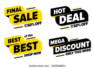 Final sale mega discount hot deal label set. Sale special offer promotion sticker template collection. Web shop business event black and yellow tags vector illustration