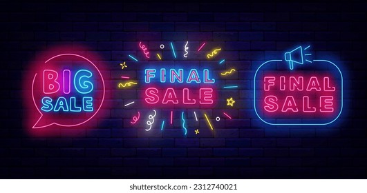 Final Sale neon emblems collection. Big sale. Confetti frame. Extra discount shopping. Shiny signs on brick wall. Special offer. Border with megaphone. Light banners. Vector stock illustration