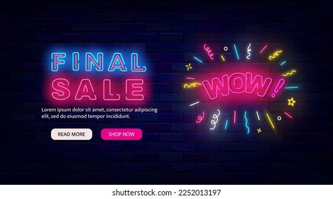 Final Sale neon fler template. Website landing page. Colorful confetti firework with wow text. Special offer emblem. Marketing emblem. Shiny banner. Editable stroke. Vector stock illustration