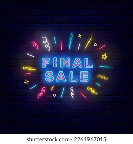 Final Sale neon signboard with colorful confetti firework. Special offer emblem. Retail marketing emblem. Shiny banner. Editable stroke. Vector stock illustration