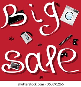 Final sale poster design over a red background with hand lettering calligraphic. Sale Banner with household appliances - microwave, kettle, washing machine Vector Illustration.