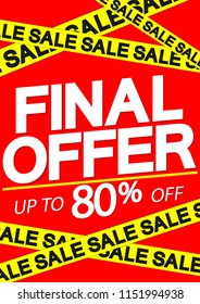 Final Sale, poster design template, special offer, discount up to 80% off, vector illustration