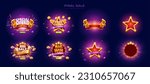 Final sale promotion pop up ads templates with radial light background isolated on purple background. Different shapes of marquees ad decorated with horn and coins, and blank ones.