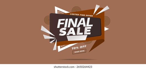 Final Sale Promotional Banner with Bold White Text on Angled Dark-Brown Speech Bubble, Limited Time Offer, 70 OFF Highlighted with Stylized Shapes on Terracotta Background