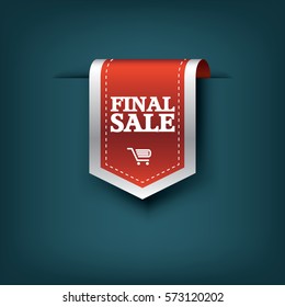 Final sale red ribbon vector tag icon for product promotion and shopping. Bookmark 3d design with realistic shadows. Eps10 vector illustration.