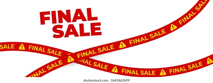 Final sale ribbon with red tape and yellow warning icons. Perfect for online shopping ads, clearance promo banners, retail discount campaigns, ecommerce price offers. Vector illustration.