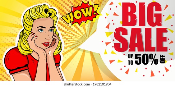 The final sale of the season. Discounts up to 50% percent. Advertising banner in pop art style. Girl blonde surprised. Vector. Illustration.