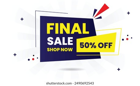 Final sale shop now 50% off banner template design with white background, blue and yellow shapes vector art perfect for eye catching promotions and discounts.