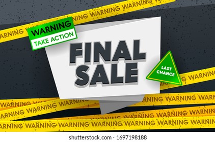Final Sale Social Media Promo Ad Poster, Banner with Typography on Black Grungy Background. Branding Template Design for Shopping Discount Content, Caution Warning Signs and Tape. Vector Illustration