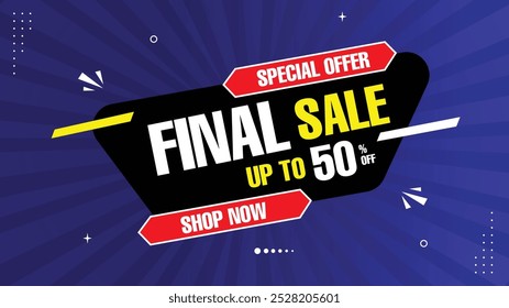 Oferta especial de venda final até 50% Off Shop agora com modelos de banner personalizáveis com fundos de gradiente amarelo vermelho, preto, branco e roxo e formas de elemento únicas para design atraente