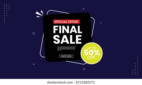 Oferta especial de venda final Compre agora para até 50% de desconto Modelo de faixa de desconto com amarelo branco preto e roxo fundo limitado Tempo só não perder em enormes economias pegar suas ofertas hoje oferta