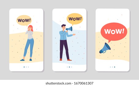 Final sale and store promotion interfaces for mobile phones applications set with people cartoon characters and speech bubbles with wow word, flat vector illustration.