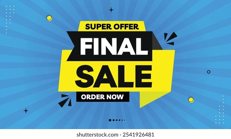 Super Oferta de venda final - Faça seu pedido agora! Modelo de faixa de venda atraente com formas e elementos em um fundo de gradiente preto, amarelo, branco e azul - perfeito para promoções e descontos especiais!