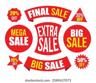 Final sale tags vector icon set. Mega discount label, sticker for business promotion and marketing. Red color badge and coupon. Logo collection for Special offer banner, poster, template, web, flyer.