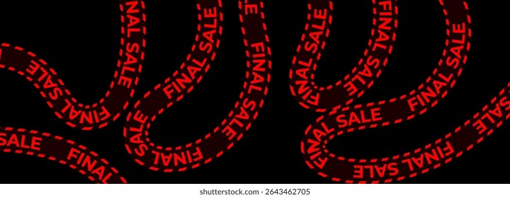 Fita de venda final com texto de aviso vermelho. Faixa de desconto Clearance para compras, comércio eletrônico, ofertas sazonais, promoção de lojas. Plano de fundo preto, estilo de fita curva. Ilustração vetorial.