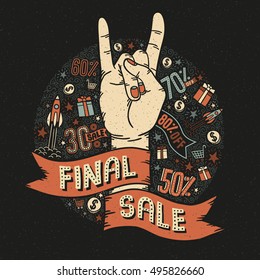 Final sale vintage retro poster with a heavy metal hand gesture and small decorative elements. Vector illustration.