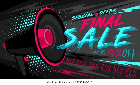 Final Sale web banner or poster. Megaphone with news speech. Loudspeaker. Special market offer final sale,up to 70% off. Store info display. Vector illustration template easy editable for design. 