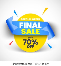 Final sale yellow banner with blue ribbon. Vector illustration.
