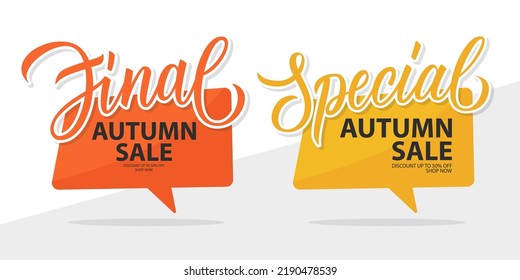Final and Special Autumn Sale promotional labels templates. Fall Season special offer commercial signs with hand drawn lettering for discount shopping, promotion and advertising. Vector illustration.