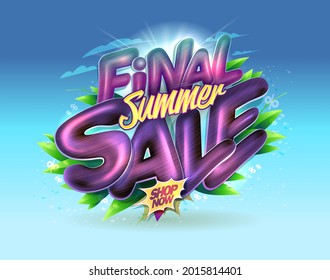 Final summer sale banner vector mockup with glossy 3D lettering against blue sky backdrop