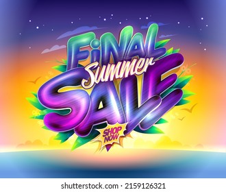 Banner de venta final de la bolsa de espionaje vectorial con letras 3D brillante, plantilla de estilo tropical para la temporada de verano con el atardecer tropical sobre el fondo, adecuado para la venta de viajes volante