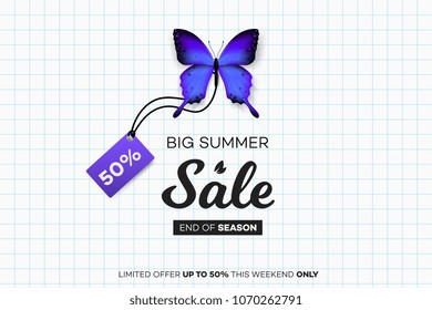 Final Summer Sale. Blue Butterfly With Sale Tag Over Notebook Sheet. Modern Conceptual Vector Illustration.