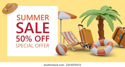 Final summer sale. Lowest prices. Promotional poster template for seasonal discounts. Banner on bright background, 3D objects. Modern style of advertising