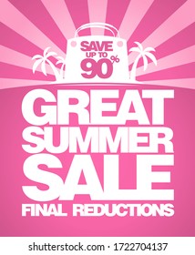 Final summer sale poster design with big shopping bag and tropical island on a backdrop, save up to 90% off