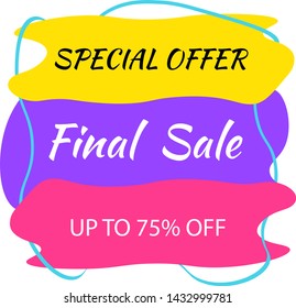 Final summer sale special offer card template. Flat liquid abstract promotional flyer. Bright color geometric minimal vector icon for time of the sale. Modern fluid figure background.