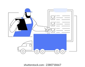 Final truck quality check abstract concept vector illustration. Factory worker testing truck for quality, car manufacturing, cargo production line, automotive industry abstract metaphor.