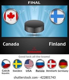 Final of the world championship hockey background with black puck. Vector graphic winter sport design