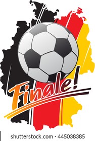 "Finale" hand written with a ball in front of the map of Germany in black, red and gold