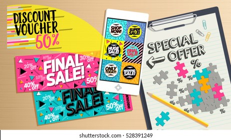 Finale sale, shop now, super sale, huge sale, weekend sale, special offer only today. Online shopping concept desktop. Phone on table, banners, coupons and calculations.