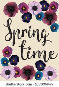 Finally came spring, so there was never enough flowers like on this printable vector design with very realistic flowers and the inscription "Spring time".
